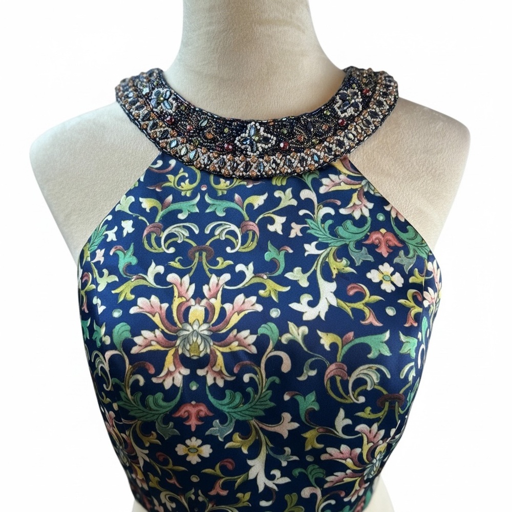 Sherri Hill Navy Floral Top with Beaded‎ Neckline